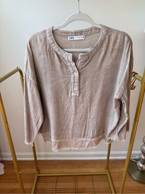 ZARA Natural Beige Linen-Blend Henley with Frayed Hem